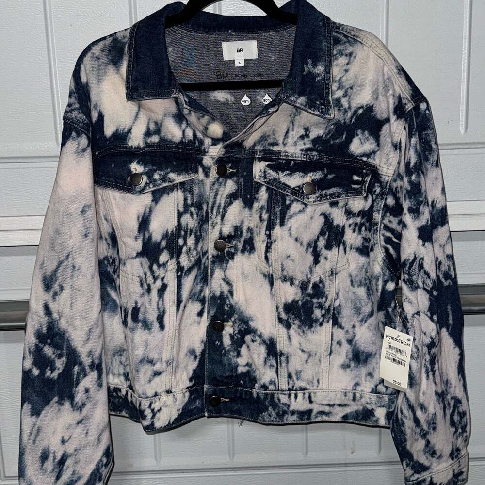 NWT BP. Nordstrom Women's Blue Bleached Wash Tie-Dye Denim Trucker Jacket (L)
